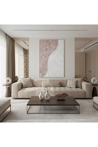 GLAMOURE HOME لوحة فنية- تُظهر تقسيم بين سطح ترابي، وسطح أبيض ناعم مزخرف بخطوط تشبه الأمواج