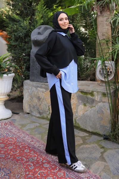 İmajButik Μαύρο πουκάμισο με εμφάνιση μαύρου μανδύα, με παντελόνι, σετ Modal