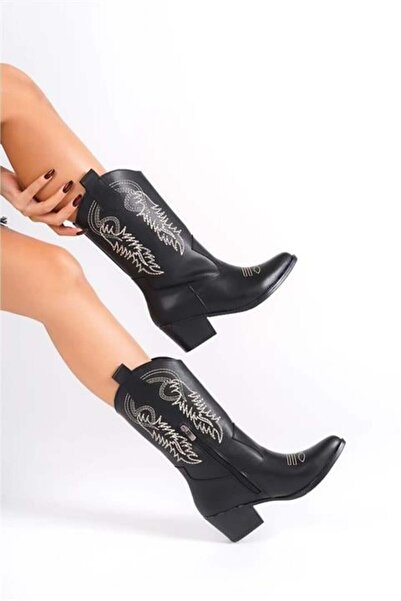 Les Passent Cizme de cowboy western pentru femei Lori din piele neagră, crem,...