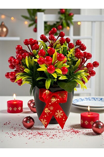 NEŞELİ ÇİÇEKLER Yapay Kokina Berry Çiçek 25 cm Yılbaşı Masa Dekoru Plastik Sa...