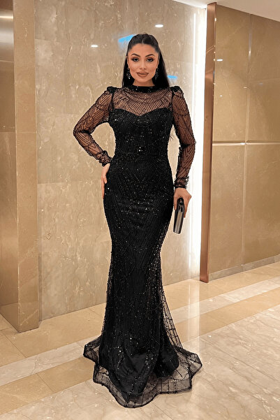 giyimmasalı Full Beaded Fabric Fish Evening Dress - Black