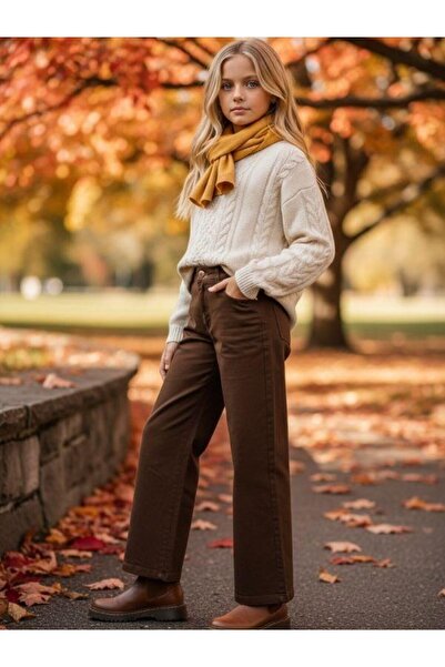 Zekids Pantaloni din denim maro cu picioare largi, din bumbac, cu textura moale