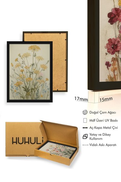 huhuli Ahşap Çerçeveli 3'lü Wabi Sabi Koleksiyon Tablo Seti - Salon Duvar Dekoru Huhu711