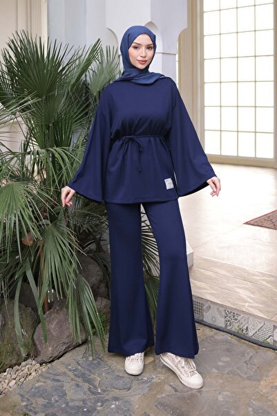 İmajButik Navy Blue Embroidered Tunic and Pants Modal Set