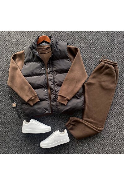 THANBUTİK سترة مبطنة قابلة للنفخ و3 خيوط صوفية O قصة فضفاضة طقم مكون من 3 قطع