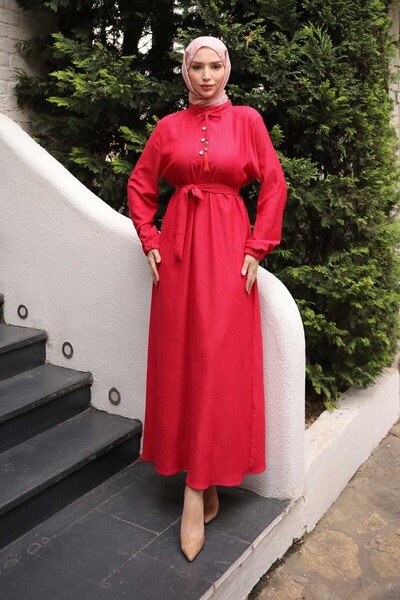 İmajButik Fuchsia Belted Sleeves Elasticated Corded Fabric Dress