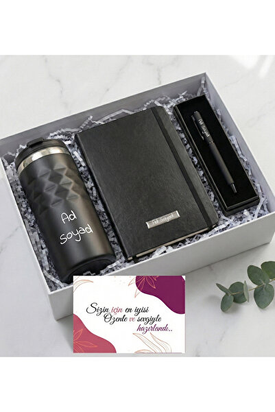 vegahediye v vega Kişiye Özel Geometrik Termos 300mL. & Siyah Defter & Roller...