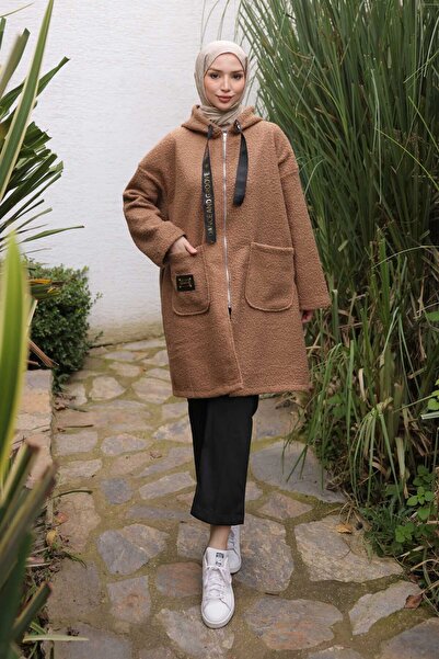 İmajButik Dark Mink Hooded Boucle Coat with Pocket Detail