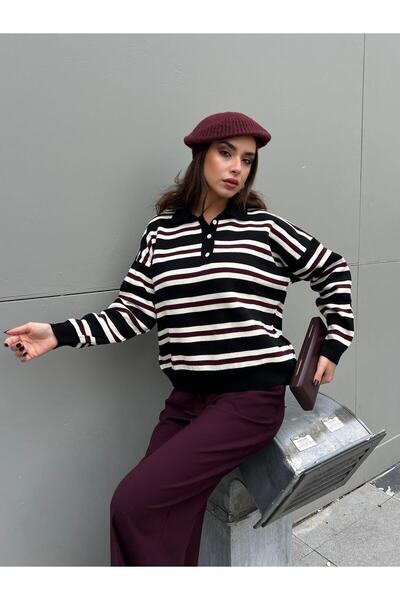 minaaise Γυναικείο μαύρο πλεκτό πουλόβερ με ριγέ γιακά πόλο 5259