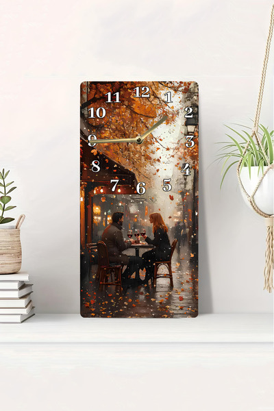 kutuTR 3D Looking 2D Uv Printing Mdf Painting Clock 20X40 cm – Autumn Romantic Couple in Cafe on the Street-Dts151