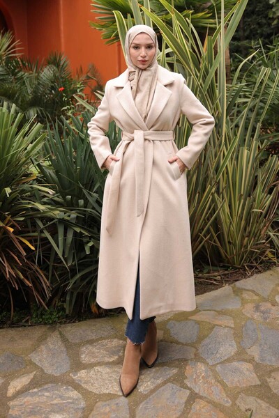 İmajButik Beige Belted Long Cashmere Coat