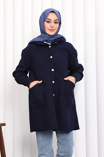 İmajButik Navy Blue Hooded Boucle Coat