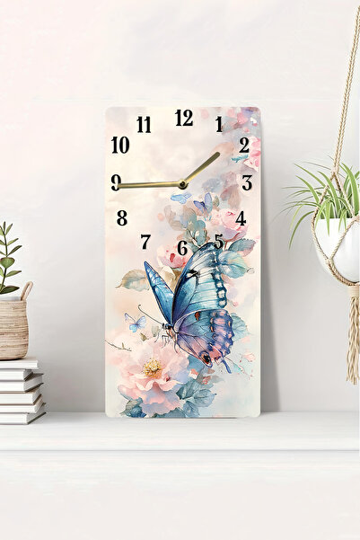kutuTR 3D Looking 2D Uv Printing Mdf Painting Clock – Blue Butterfly and Flower Pattern – 20X40 Cm-Dts160
