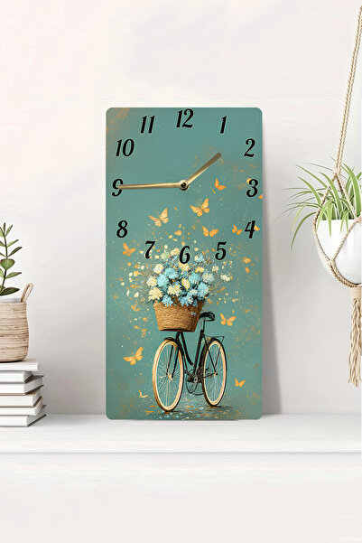kutuTR 3D Görünümlü Bisiklet Ve Çiçek Sepeti Temalı 2D UV Baskı MDF Tablo Saat 20x40 Cm -DTS152