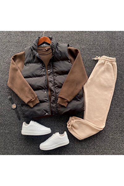 THANBUTİK سترة مبطنة قابلة للنفخ و3 خيوط صوفية O قصة فضفاضة طقم مكون من 3 قطع