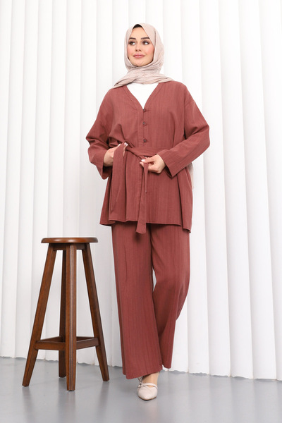 İmajButik Комплект от туника и панталони от лен с колан в цвят бордо