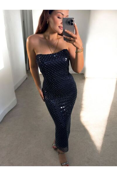 OLA Laves Full Payet Boncuklu Lacivert Abiye Elbise