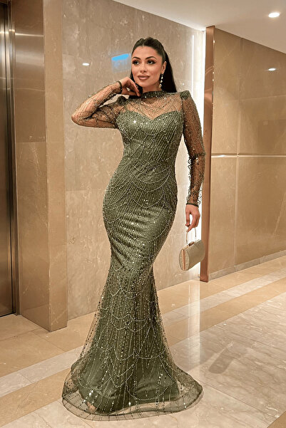 giyimmasalı Full Beaded Fabric Fish Evening Dress - Khaki Green