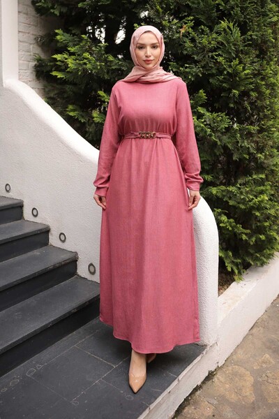 İmajButik Dusty Rose Chain Belted Corded Fabric Long Dress