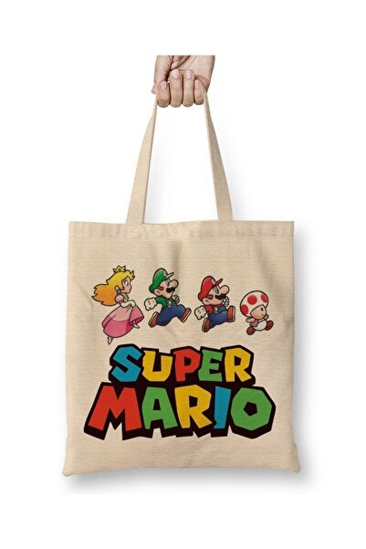 Toyaso حقيبة تسوق من القماش الأبيض سوبر ماريو بمقبض طويل وحقيبة للشاطئ