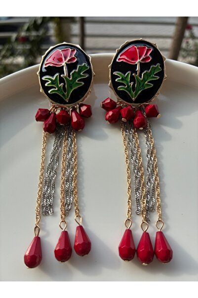 Gozibygoz Flower Figured Red Stone Chain Dangle Earrings