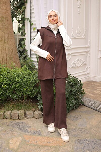 İmajButik Brown Corded Fabric Vest Tunic Trouser Three Piece Suit