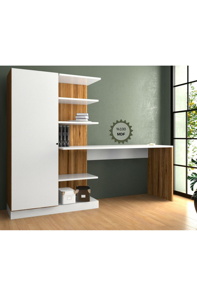 Bicabin Mdf Narin Raflı Kitaplıklı Dolaplı Çalışma Masası ATLANTİKÇAM/BEYAZ (...
