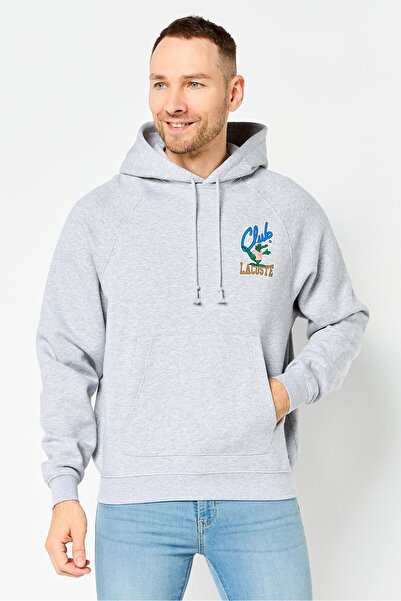 Lacoste هودي رجالي بأكمام طويلة وطبعة جرافيكية، رمادي