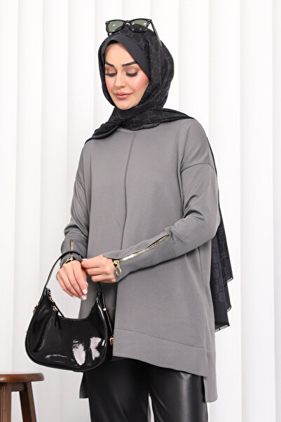 İmajButik تونيك تريكو من خيوط باردة مع أكمام مدخنة وسحاب