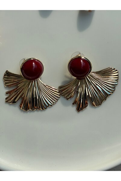 Gozibygoz Gold Steel Earrings in Fan Shape with Red Stones