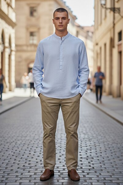 MODA Keten Yarım Patlı İnce Yakasız Rahat Gömlek