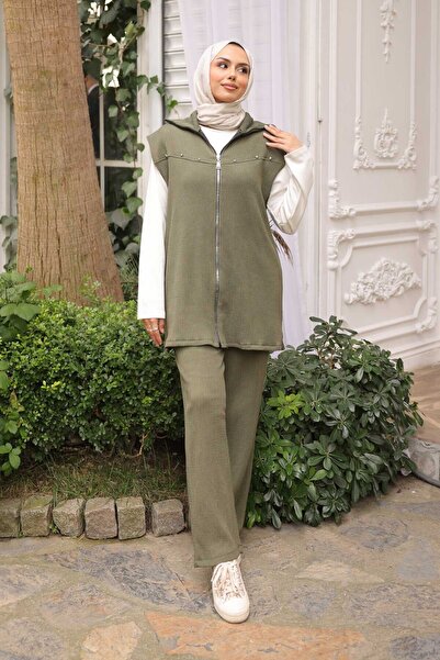 İmajButik Khaki Corded Fabric Vest Tunic Trouser Triple Set