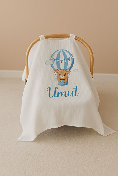 Bebe wini %100 Pamuklu Müslin Tek Kat İsimli Puset Örtüsü MN03 MAVİ BALON