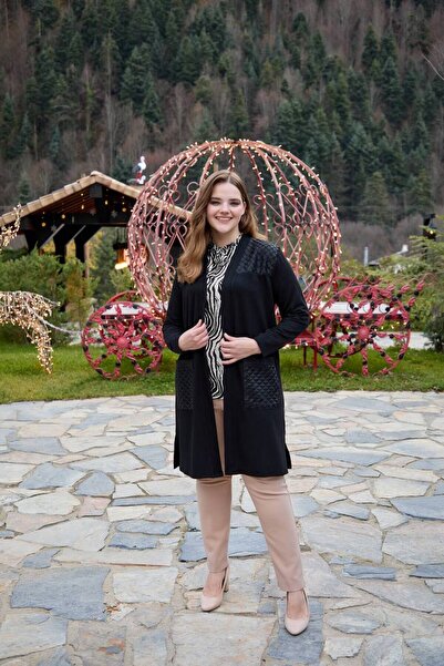 wearon tekstil Women's Crystal Fabric Shoulder and Pocket Detail High Quality Plus Size Cardigan