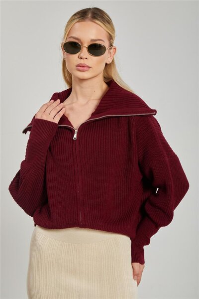 BARRELS AND OIL Turn-Down Collar Zippered Women's Knit Cardigan - Burgundy
