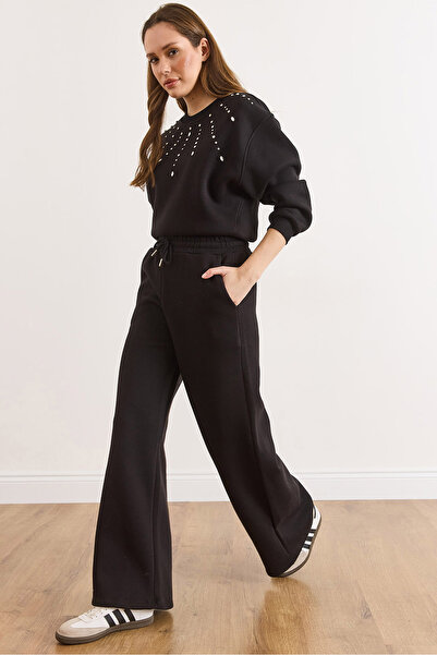 Olalook Women's Black Waist Lace-Up Pocketed Wide Leg Fleece-Lined Thick Sweatpants Eşf-00000085