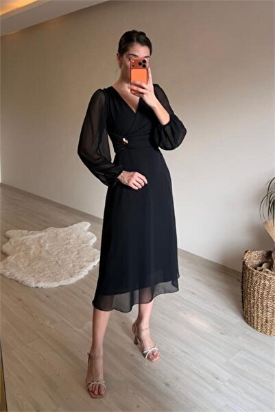 Dipmoda Rochie midi din șifon drapată pentru femei detaliu la cataramă NM025