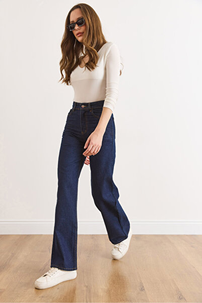 Olalook Women's Navy Blue Denim Pocket Palazzo Jeans JEA-19000126