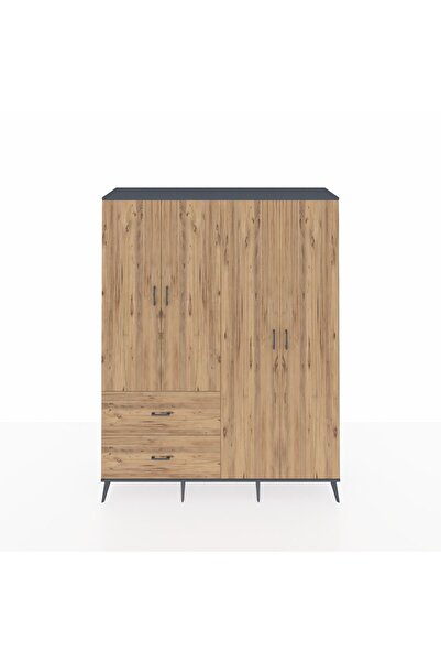 Dienni Hyperion Gardrop 4 Raflı 2 Çekmeceli 2 Askılı 176x44x221 Antrasit-Çam