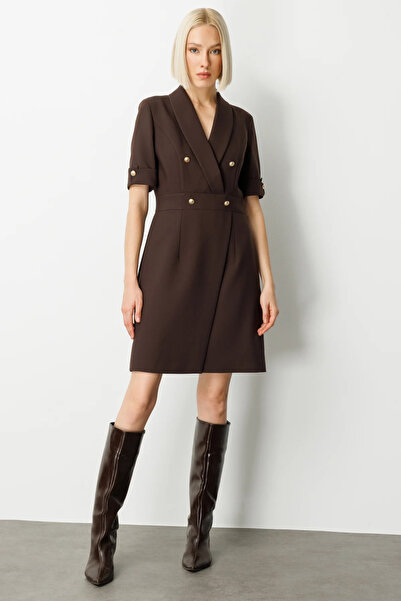 AYHAN Double-Breasted Midi Length Dress with Collar Ornament Buttons