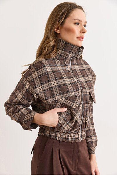 Olalook Women's Brown Lined Quilted Pocket Plaid Jacket Ckt-19000505