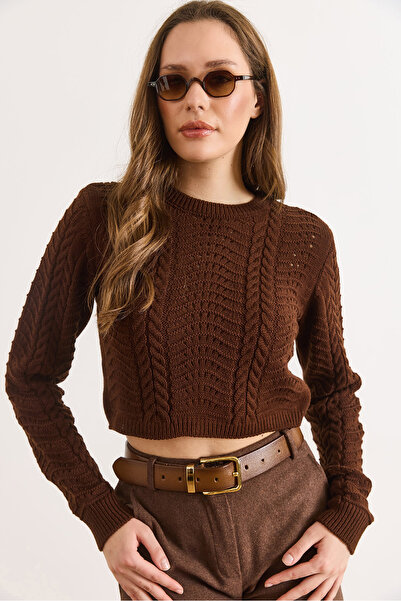 Olalook Women's Bitter Brown Wave Knitted Crop Sweater Kzk-19000822