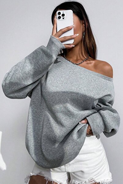 GHASSY CO. Women's Boat Neck 100% Cotton 3 Thread Fleece-Lined Thermal Winter Sports Top Model Sweatshirt