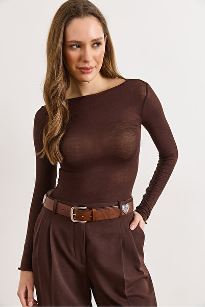 Olalook Women's Brown Boat Neck Thin Transparent Blouse Blz-19003168