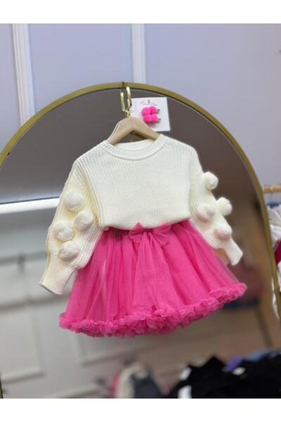 ArdenKids 2-8 Yaş Ekru Ponpon Kol Kazak & Şeker Pembe Tütü Etek Kombin ( Toka...
