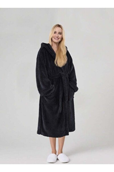 Noon East Long Hooded Bathrobe 240 GSM 100% Polyester Soft Fuzzy Plush - Deep Grey, M