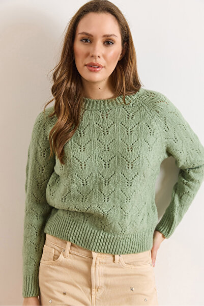 Olalook Women's Green Lace-Like Knit Soft Textured Knitwear Sweater Kzk-19001053