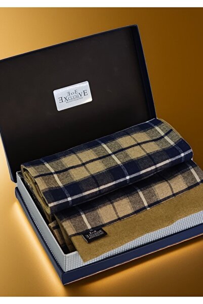 Exve Exclusive Navy Blue Beige Plaid Checkered Double-Sided Wool Scarf in Gift Pu Leather Box Shawl Ribbed Knit