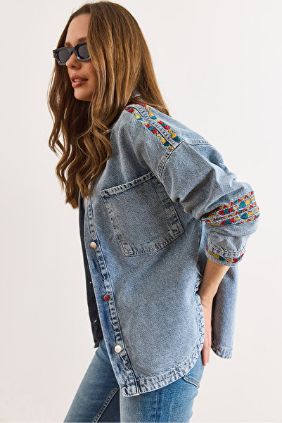 Olalook Women's Blue Embroidery Detailed Thick Denim Jacket Ckt-19000501