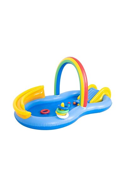 ATHLETIC مسبح لعب قابل للنفخ بألوان قوس قزح مع زحليقة وألعاب - مركز ألعاب مائية بطول 220 سم